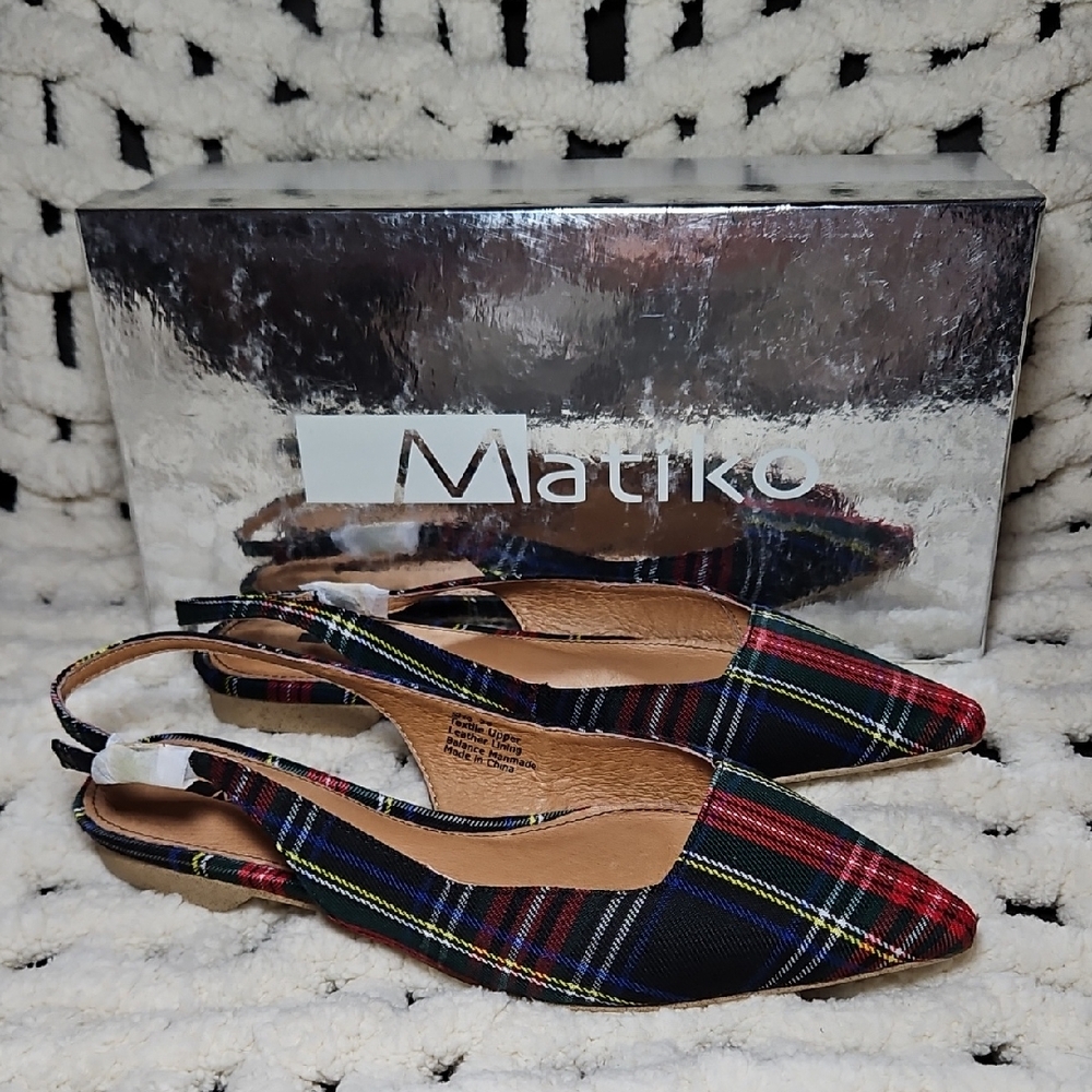 Matiko Lori Point Toe Slingback Flats Green Tartan Plaid New